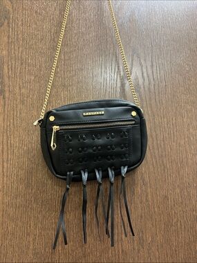 Rampage Black Faux-Leather Crossbody with Gold Chain and Fringe Detail